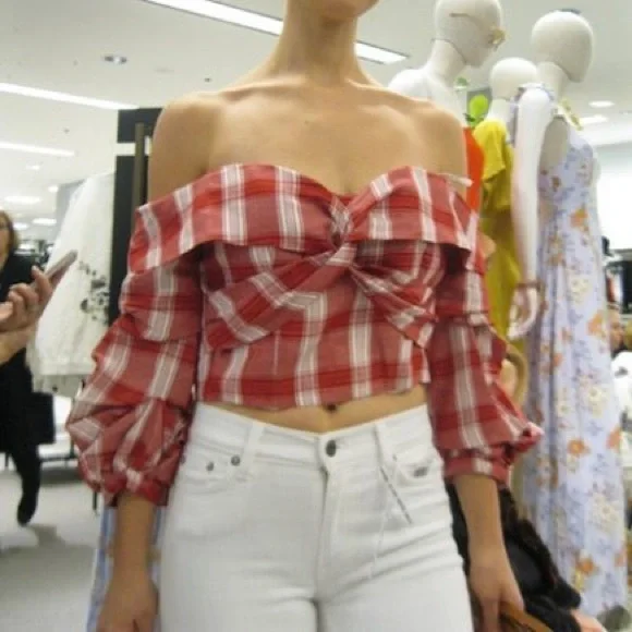 Bardot Red Plaid Off The Shoulder Top - Picture 4 of 6